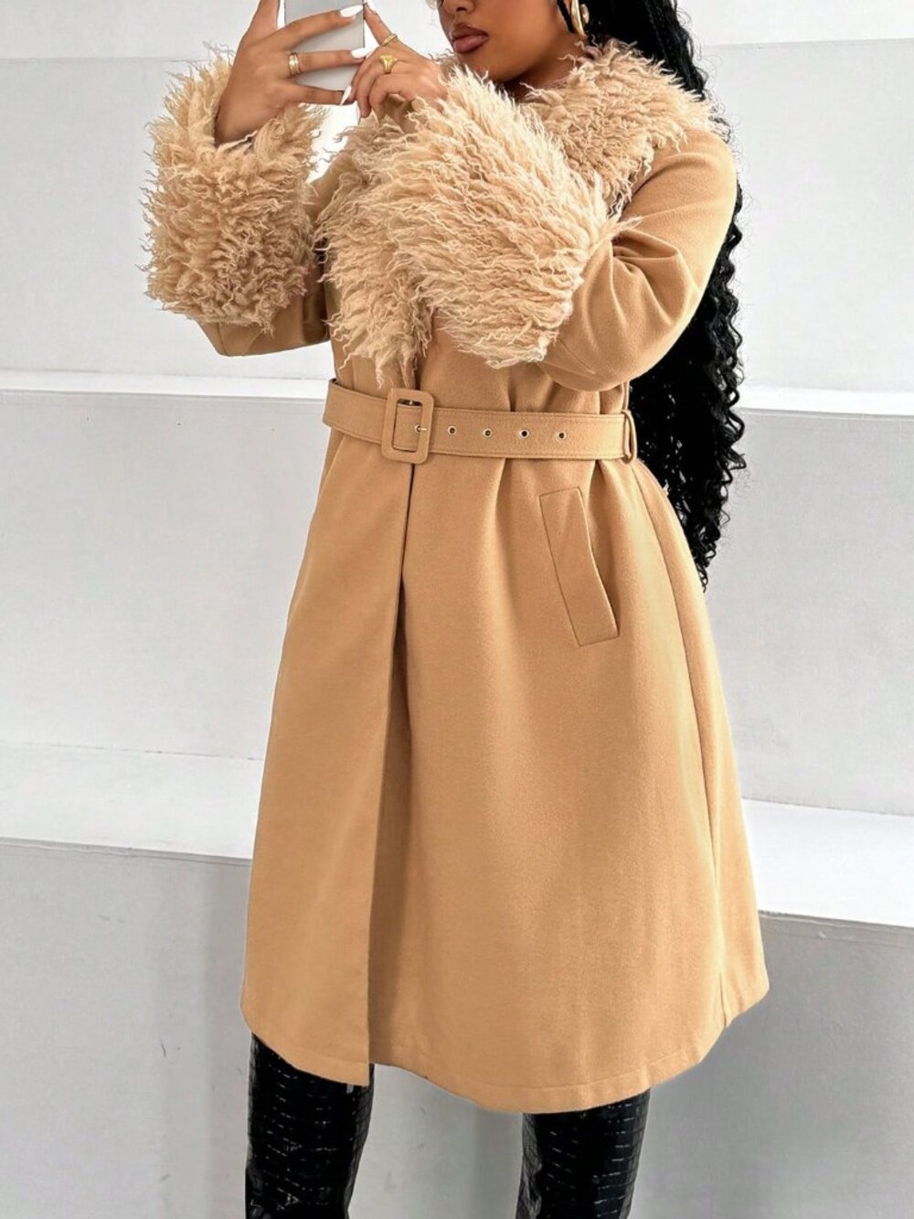 Khaki Elegant Women's Plus Size Casual Mid-Length Overcoat